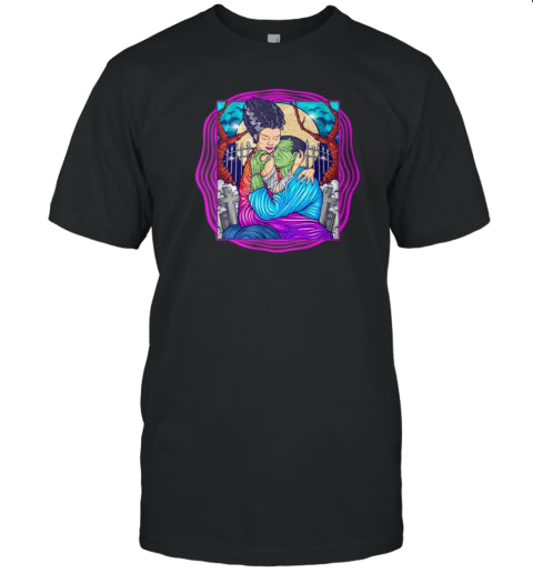 Retro Frankenstein And Bride Romantic Halloween Monsters T Shirt
