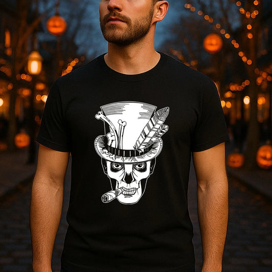 Voodoo Baron Samedi T-shirt - Top Hat Sugar Skull Creepy Halloween Mardi Gras