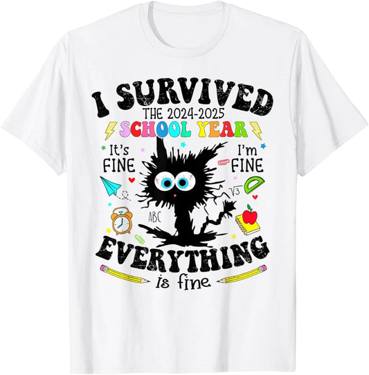 Funny Cat I Survived Last Day Of School Teachers Year 2025 T shirt