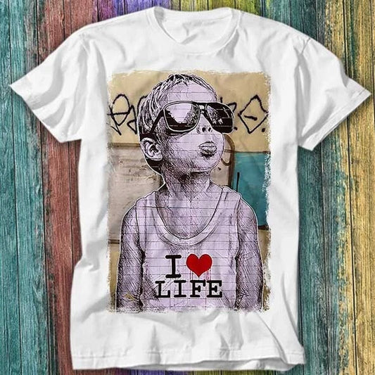 Banksy I Love Life Boy Graffiti T Shirt Top Tee 452
