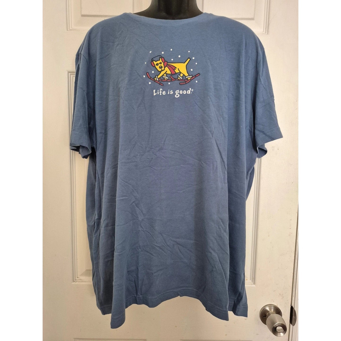 Life Is Good Dog Sledding Skiing Graphic T Shirt Xl Blue Cotton Crew Neck