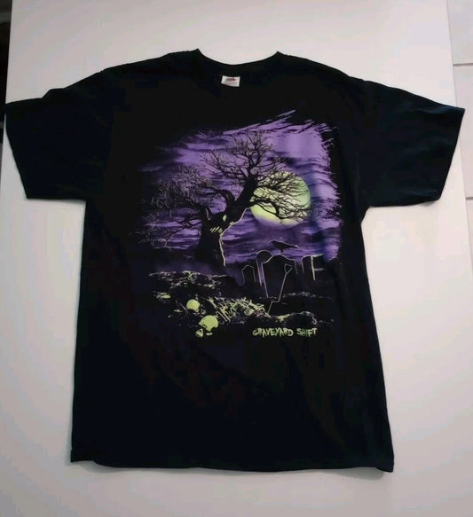 Vintage Halloween Graveyard Shift T-shirt Black Purple Full Moon Men's Size M