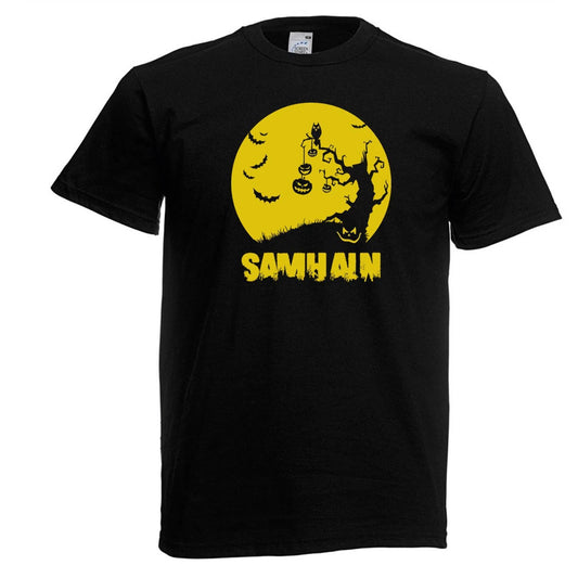 Unisex Black Samhain Pumpkin T-shirt Shirt Tree Halloween Spooky Bats Gaelic