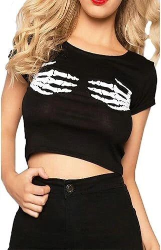Womens Skeleton Hands Bone Print Crop Top Ladies Crew Neck Halloween Mini Shirt