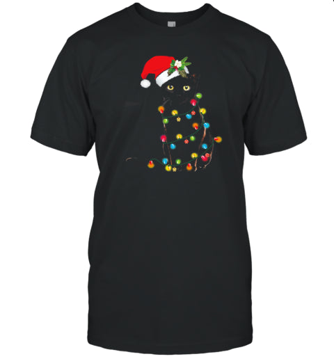 Santa Black Cat Tangled Up In Christmas Tree Lights Holiday T Shirt