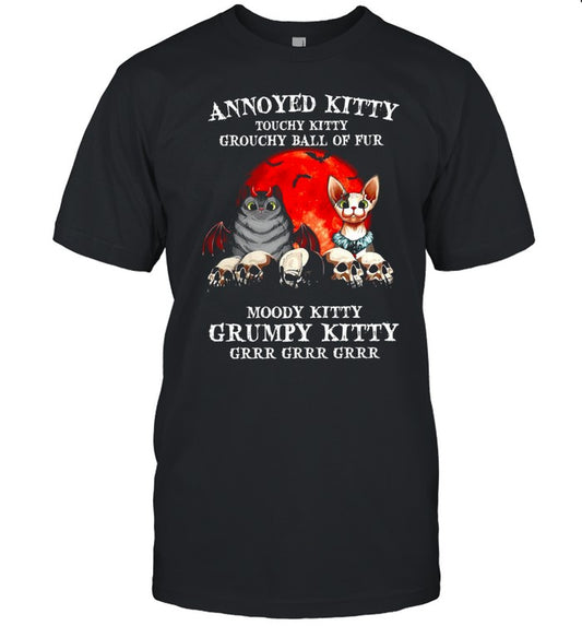 Skull Annoyed Kitt Touchy Kitty Grouchy Ball Of Fur Moody Kitty Grumpy Kitty Halloween Sunset T shirt