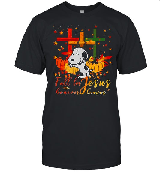 Snoopy Fall For Jesus He Never Leaves Halloween T shirt
