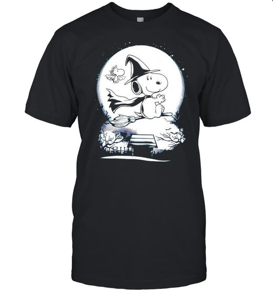 Snoopy flying on witchs broom trick or treat Halloween shirt
