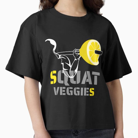 "Squat veggies - Pumping lemons - caption dark shirt" Boxy T-Shirt for Sale by lookingdaggers