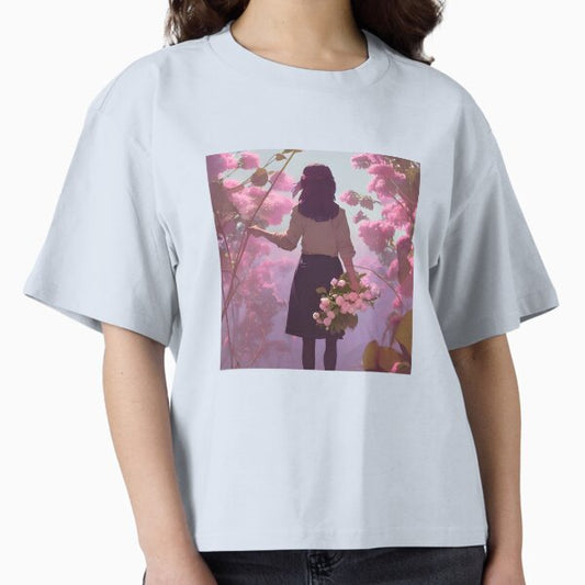 "‘Girl with Peonies’ Aesthetic Lofi Anime Illustration with Girl Holding Flowers" Boxy T-Shirt for Sale by AVBDesigns20