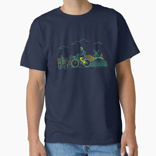 "concept of ecotourism or green transportation, graphic of traveler cycling on bicycle with natural and city view" Classic T-Shirt for Sale by NiamLab