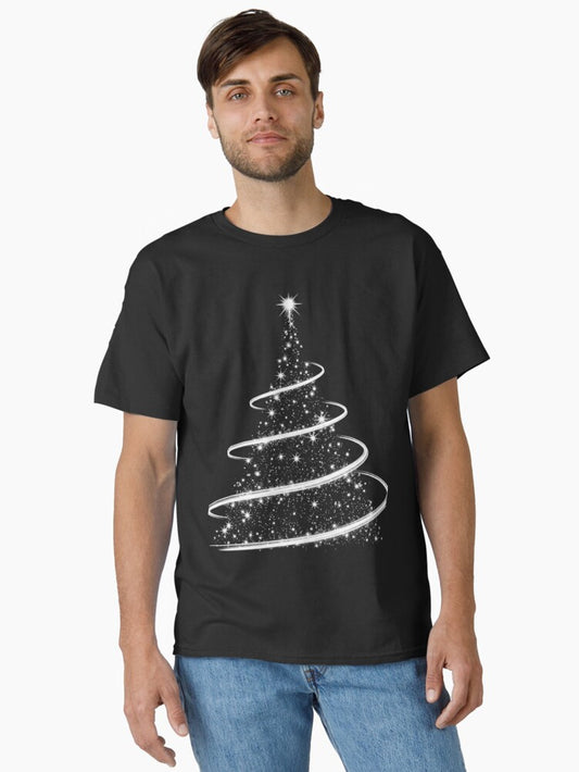 Minimalist White Star Christmas Tree with Glowing Spiral Light on Black Background Classic TShirt T-Shirt | High-Quality Print | Perfect For Daily Wear