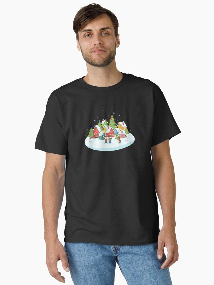 Whimsical Christmas Village with Children and Snow Classic TShirt T-Shirt | Fan Favorite Artwork | Perfect Holiday Gift