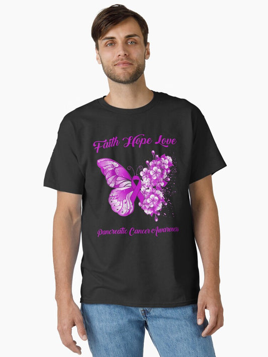 Faith Hope Love Pancreatic Cancer Awareness Butterfly Ribbon Gifts Classic T-shirt | Trendy Graphic Tee | Casual Unisex T-shirt