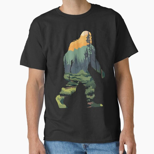 Bigfoot Silhouette with Scenic Forest & Mountain Sunset Classic T-Shirt for Sale by caileag