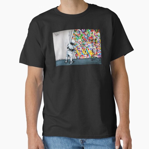 Behind The Curtain Boy - Colorful Graffiti Pop Art - Banksy Street Art Mural Classic T-Shirt for Sale by Teecha