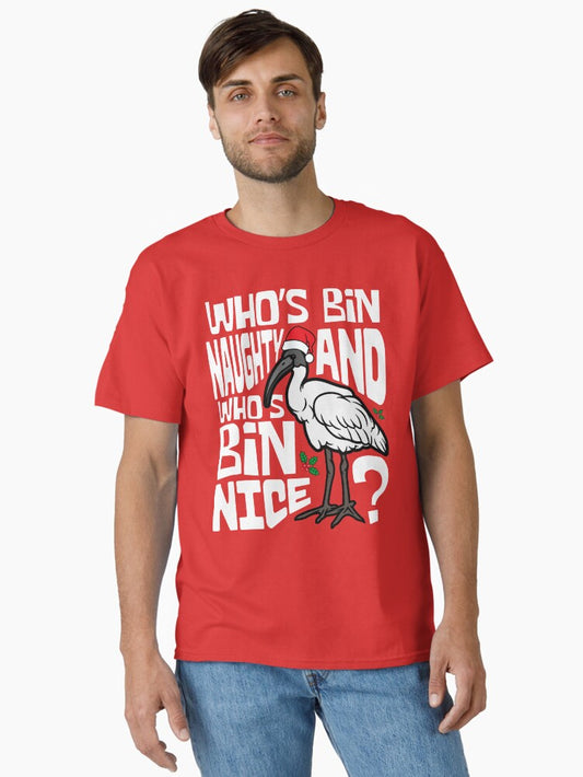 Australian White Bin Chicken Christmas Ibis Bird Santa Funny Whos Bin Naughty And Whos Bin Nice Xmas Animal Classic TShirt T-Shirt | Fan Favorite Artwork | Top Pick For Gifting