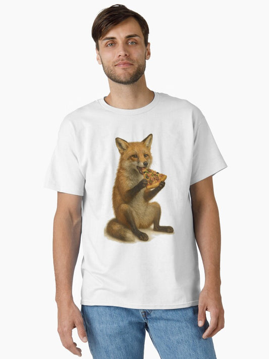Fox Eating a slice of pizza Classic T-Shirt T-Shirt | High-Quality Print | Perfect For Daily Wear