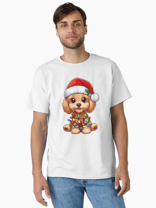 Cartoon Santa Cavoodle Tangled Up In Christmas Tree Lights Classic TShirt T-Shirt | Vintage Christmas Look | Limited Christmas Style