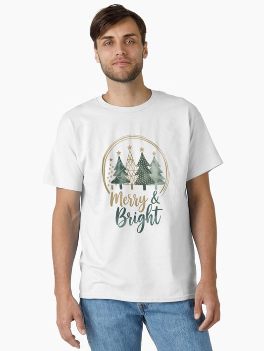 Merry Bright Christmas TShirt Elegant Christmas Tree Design Festive Gold Accent Holiday Shirt Christmas Gift Idea Classic TShirt T-Shirt | Vintage Christmas Look | Limited Christmas Style
