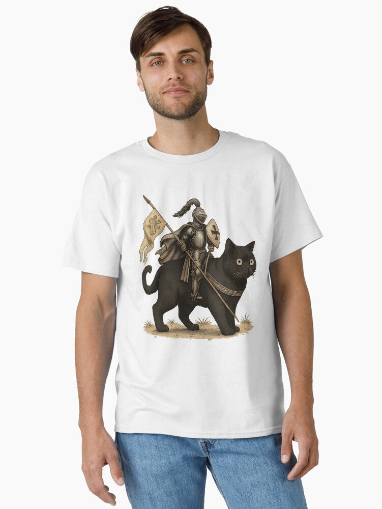 Medieval Knight Riding Black Cat Fantasy Vintage Illustration Design Classic T-shirt | Trendy Graphic Tee | Casual Unisex T-shirt
