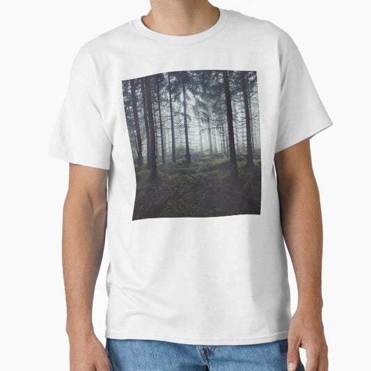 Through The Trees // Nightwalker In Ghostwood Romantasy Foggy Misty Fairytale Forest Covered In Magic Fog Classic T-Shirt for Sale by tekay