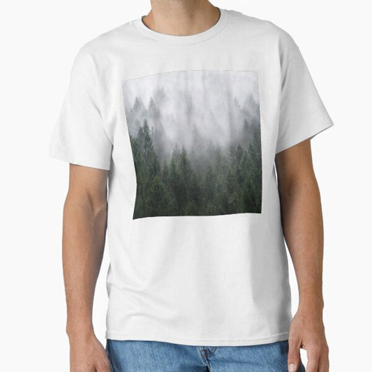 Home Is A Feeling // Misty Retro Fall Wilderness Fairytale Evergreen Forest With Trees Covered In Magic Fog Season Classic T-Shirt for Sale by tekay