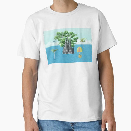 "Three friends on an adventure towards a black rock and a big tree island" Classic T-Shirt for Sale by greenPQBstudio