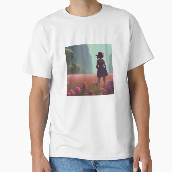 "‘Girl in Meadow’ Aesthetic Lofi Anime Illustration with a Girl in Field with Flowers" Classic T-Shirt for Sale by AVBDesigns20
