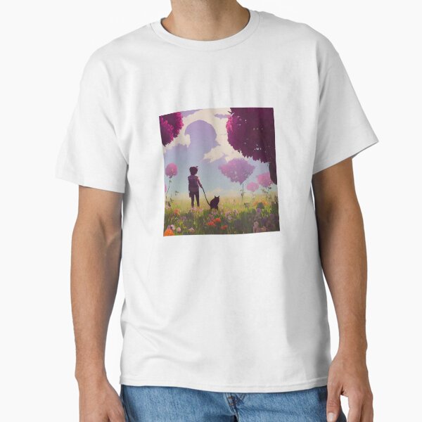 "‘Walking the Dog’ Aesthetic Lofi Anime Illustration with a Girl Walking a Dog in Field with Flowers" Classic T-Shirt for Sale by AVBDesigns20