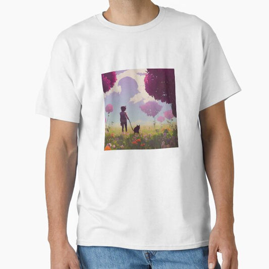 "‘Walking the Dog’ Aesthetic Lofi Anime Illustration with a Girl Walking a Dog in Field with Flowers" Classic T-Shirt for Sale by AVBDesigns20