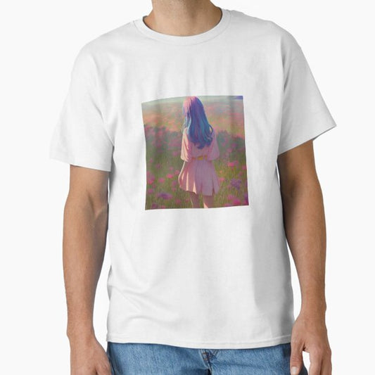 "‘Girl in Field III’ Aesthetic Lofi Anime Illustration with Girl Standing in a Field" Classic T-Shirt for Sale by AVBDesigns20