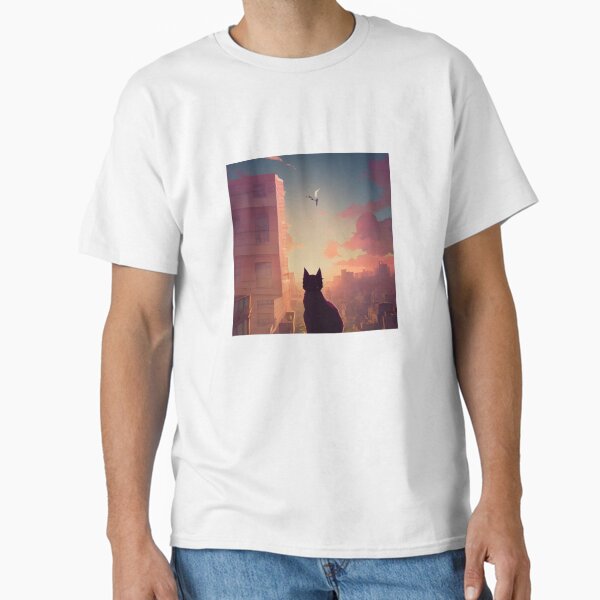 "‘Cat View’ Aesthetic Lofi Anime Illustration with a Cat Looking at a City" Classic T-Shirt for Sale by AVBDesigns20