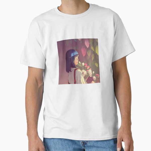 "‘Girl Smelling Flowers’ Aesthetic Lofi Anime Illustration with Girl Holding Flowers" Classic T-Shirt for Sale by AVBDesigns20