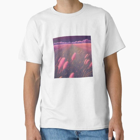 "‘Flower Field’ Aesthetic Lofi Anime Illustration with a Field of Pink Flowers and Dark Sky with Clouds" Classic T-Shirt for Sale by AVBDesigns20