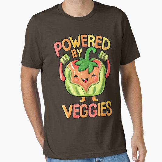 "Powered by Veggies. Make a statement that resonates with your vegetarian lifestyle. Showcasing your commitment to a plant-based, cruelty-free, and eco-friendly journey. gift for veggie-loving friend." Essential T-Shirt for Sale by bubblylive