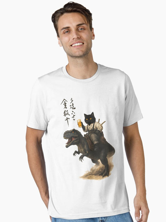 Samurai Cat Rides A Dino Cheers To Chaos Essential T-shirt | Trendy Graphic Tee | Casual Unisex T-shirt