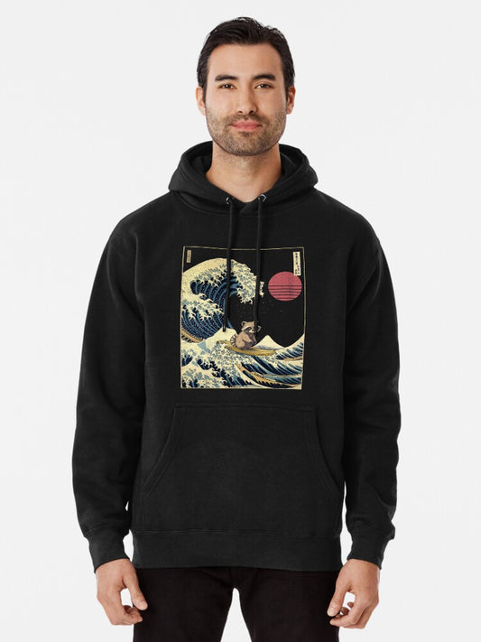 Raccoon Kanagawa Japanese Surfing Wave Pullover Hoodie