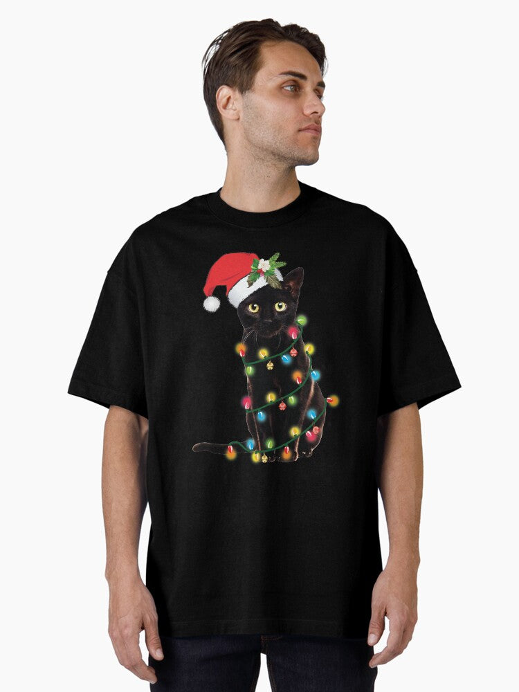 Santa Black Cat Tangled Up In Christmas Tree Lights Holiday Oversized TShirt T-Shirt | High-Quality Print | Limited Christmas Style