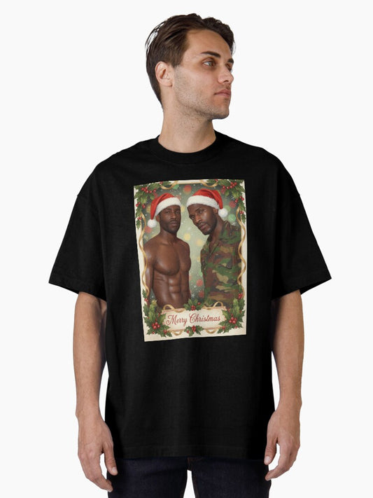 Kitsch Muscular Black Gay Couple Christmas Oversized TShirt T-Shirt | Cute Festive Style | Trending Festive Apparel