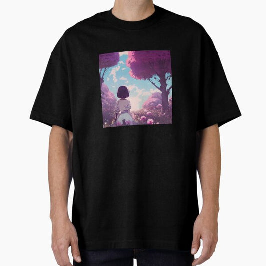 "‘Girl in Garden’ Aesthetic Lofi Anime Illustration with Girl Standing in a Beautiful Garden" Oversized T-Shirt for Sale by AVBDesigns20