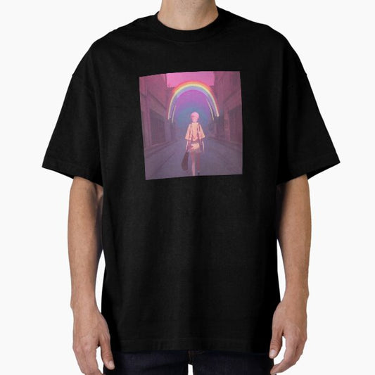 "‘Under The Rainbow’ Aesthetic Lofi Anime Illustration of Girl Walking Down a Street with a Rainbow Above" Oversized T-Shirt for Sale by AVBDesigns20
