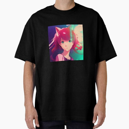 "Aesthetic Lofi Anime Illustration of a Girl with Cat Ears ‘Cat Girl’" Oversized T-Shirt for Sale by AVBDesigns20