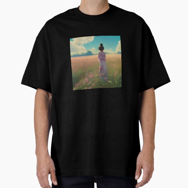 "‘Sunny Meadow’ Aesthetic Lofi Anime Illustration with Girl Standing in a Field with Flowers and Blue Sky" Oversized T-Shirt for Sale by AVBDesigns20