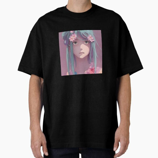 "‘Sakura’ Aesthetic Lofi Anime Illustration of Girl with Green Hair and Pink Cherry Blossoms" Oversized T-Shirt for Sale by AVBDesigns20