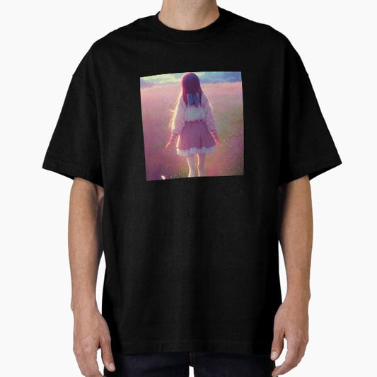 "‘Girl in Field’ Aesthetic Lofi Anime Illustration with Girl Standing in a Field" Oversized T-Shirt for Sale by AVBDesigns20