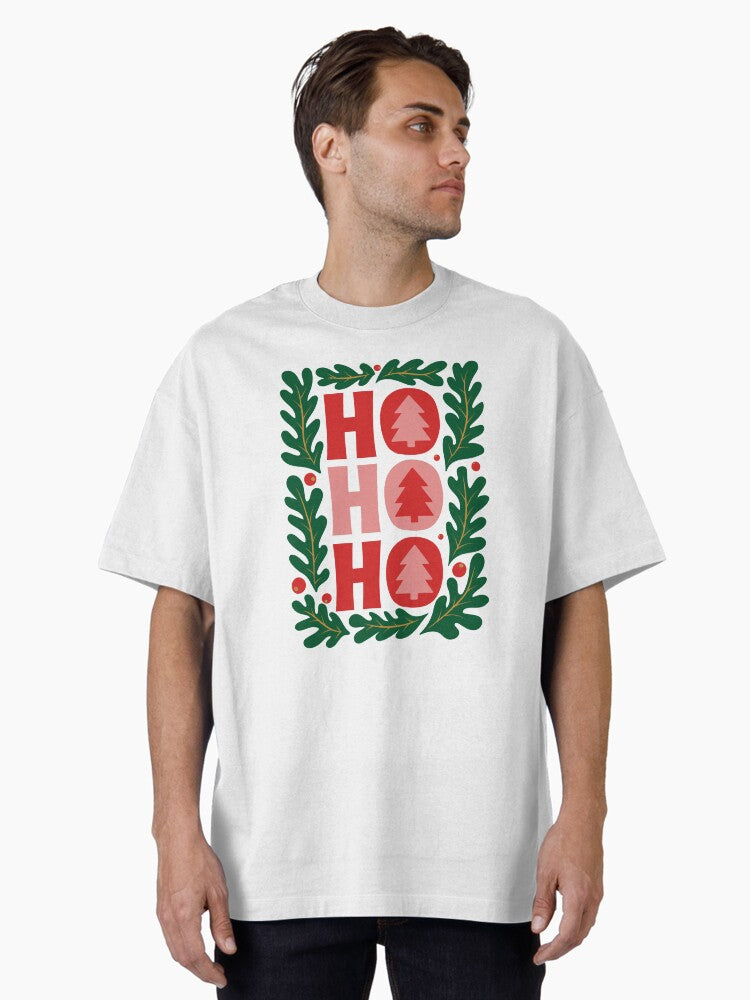 Modern Christmas Ho Ho Ho Typography Design with Trees Pattern Holidays Oversized TShirt T-Shirt | Best-Selling Design | Trending Festive Apparel