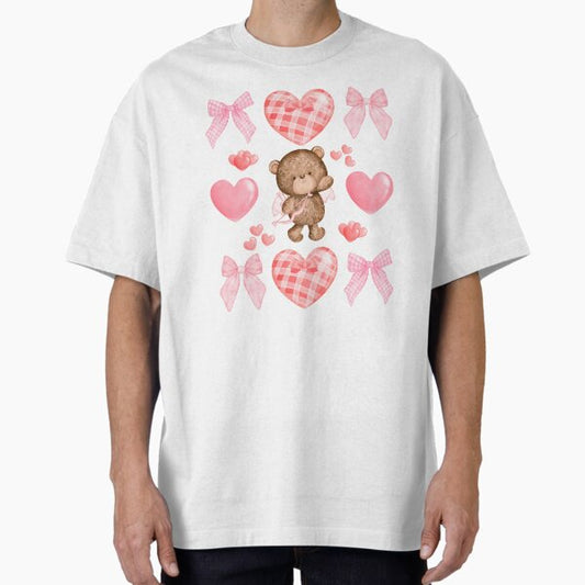 Coquette Valentine - Pink Coquette Bow with Cupid Bear Oversized T-Shirt for Sale by thebest-2studio