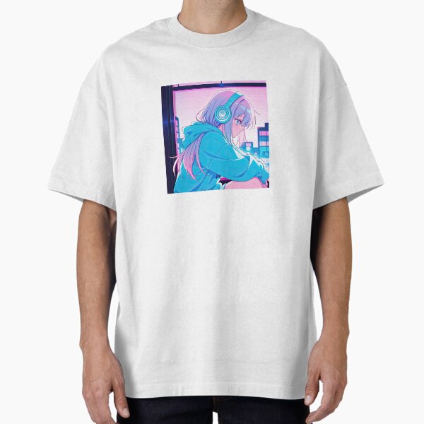 "Lofi Anime Girl with Headphones – Neon Window Mood" Oversized T-Shirt for Sale by InkNirvanaa
