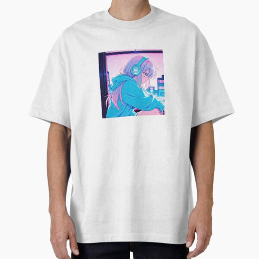 "Lofi Anime Girl with Headphones – Neon Window Mood" Oversized T-Shirt for Sale by InkNirvanaa